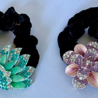 Black velvet hair scrunchies with rhinestones (mint green and pink)