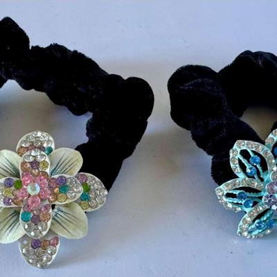 Black velvet hair scrunchies with rhinestones (white and light blue)