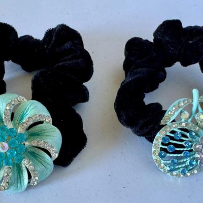 Black velvet hair scrunchies with rhinestones (light blue)