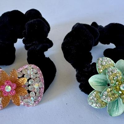 Black velvet hair scrunchies with rhinestones (pink with orange and mint green)