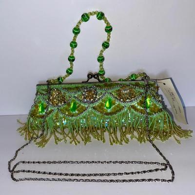 Green hand-beaded clutch bag + strap
