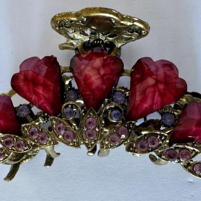 Metal hair claw clip with rhinestones, 3" red/pink