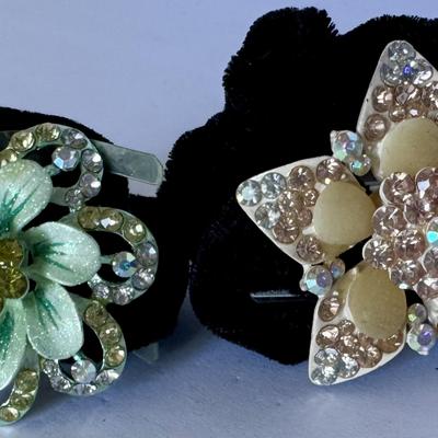 Black velvet hair scrunchies with rhinestones (peach and green)
