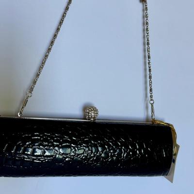 Black crocodile faux leather clutch bag + strap