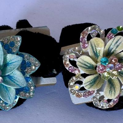 Black velvet hair scrunchies with rhinestones (blue and white)