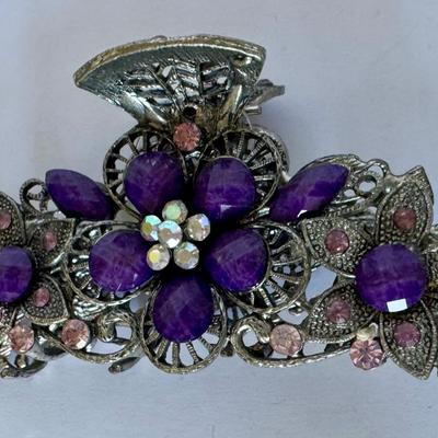 Metal hair claw  clip with rhinestones, 4.5" purple