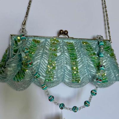 Light blue/ green hand-beaded clutch bag + strap 