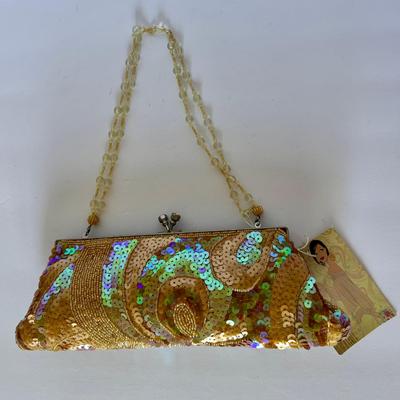 Brown hand-beaded clutch bag + strap