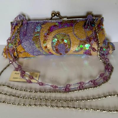 Lilac hand-beaded clutch bag + strap 