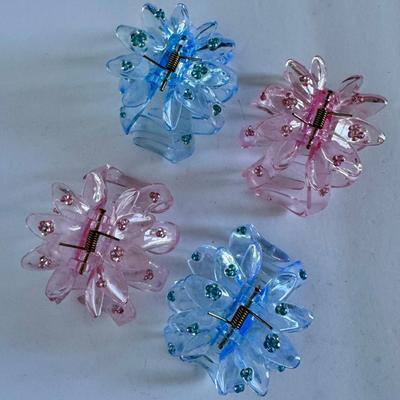 Clear hair claws, pink and light blue, 4 pcs
