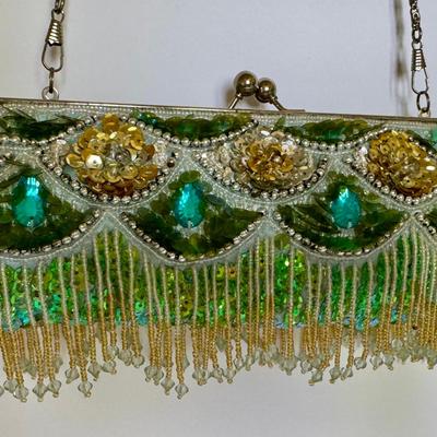 Lime green hand-beaded clutch bag + strap 
