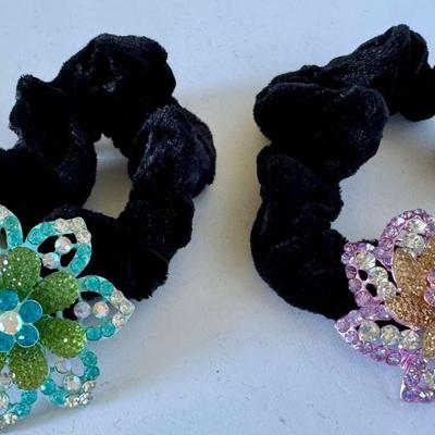 Black velvet hair scrunchies with rhinestones (purple and green)