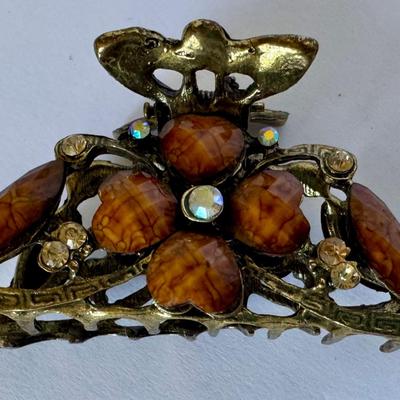 Metal hair claw clip with rhinestones, 3" orange