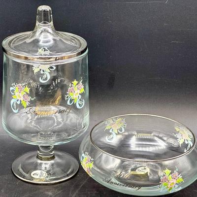 Fenton 25th Anniversary Round Bowl & Apothecary Jar Both With Stickers