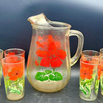 Vintage Floral Pitcher & (7) Cups