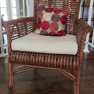 Tropical Rattan Lounge Chair with Cream Cushion and Accent Pillow