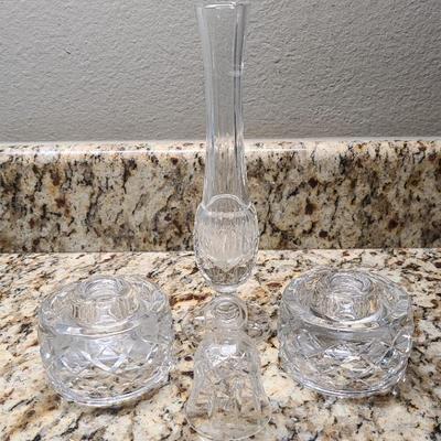 Waterford Crystal Accent Collection – Vase, Bell, and Pair of Round Reversible Candle Holder