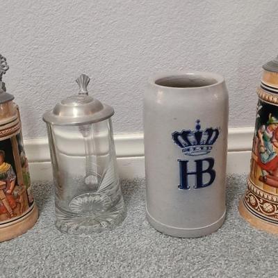 German Beer Stein Collection – 4-Piece Lot Including HB Munich, Cut Glass, and Relief Pottery