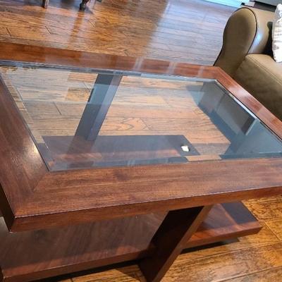 Contemporary Glass-Top Coffee Table with Wood Frame and Lower Shelf