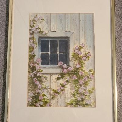 Original Watercolor by Gail Linder – Floral Window Scene, Framed