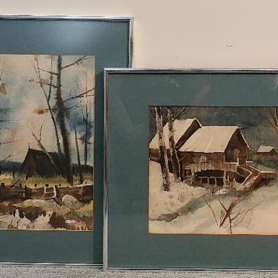 Winter Watercolor Duet - Tastefully Matted In Teal With Silvertone Frames