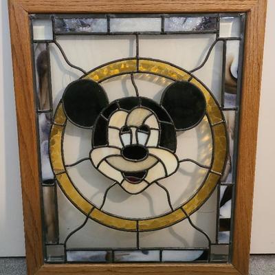 Magical Mickey Mouse Stained Glass Panel With Wood Frame