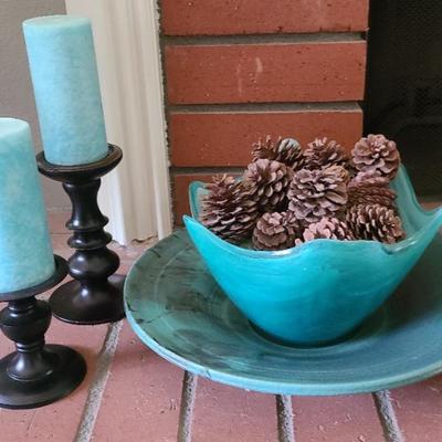 Decor Set – Turquoise Art Glass Bowl, Matching Charger, and Candle Holders