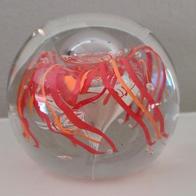 Hand-Blown Art Glass Paperweight with Red and Orange Jellyfish Design