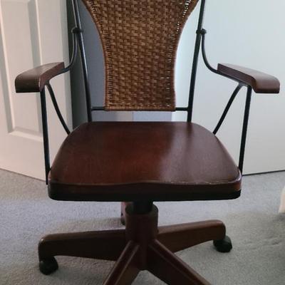 Wood and Wicker Rolling Office Chair with Armrests