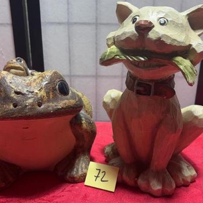 Sale Photo Thumbnail #40: Ceramic frog and wood cat