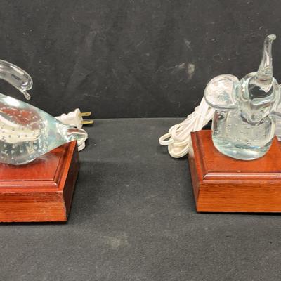 Crustal Elephant + Swan Paperweights With Lighted Boxes