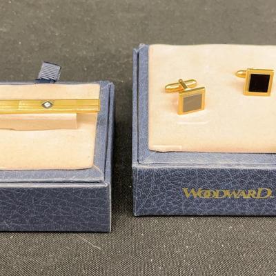 Woodward Onyx+goldtone Cufflinks + Tie Clip