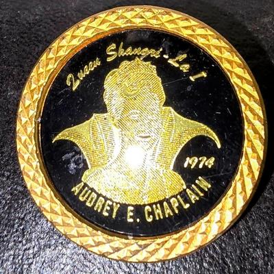 Sale Photo Thumbnail #46: Vintage 1974 Shangri-La Pin Queen Audrey Chaplain Mardi Gras Krewe Favor JEN8064 $34.99   - Warehouse: AAA Vintage 712 L And A Rd Suite B Metairie, LA 70001 Hours By Appointment Thursday - Saturday 10-4