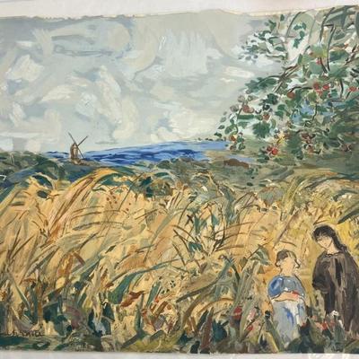 Sale Photo Thumbnail #4: Original Watercolor of 2 Girls in a Field with a Windmill AAA2652 $50.00  AAA Vintage Shop 9017 Airline HWY New Orleans LA 70118 By Appointment 10-4 M-S
