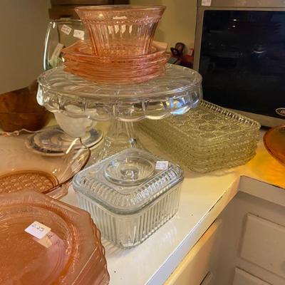 Sale Photo Thumbnail #63: antique footed cake plate refrigerator jar, pink depression glass