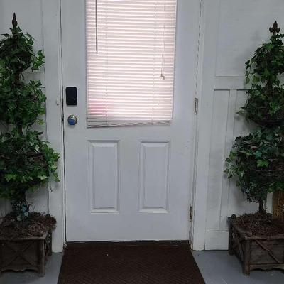 Pair Of Faux Ivy Topiaries In Decorative Wooden Planters