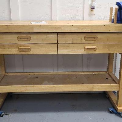 US General 60" Wooden Workbench With Vise And Contents