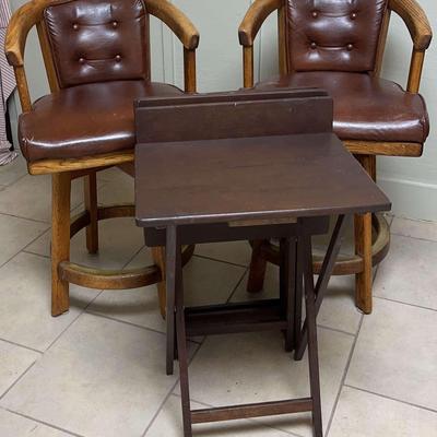 Two Wooden Swivel Bar Stools With Rattan Backs & Four Wooden Tray Tables