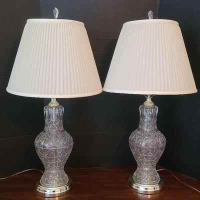 Pair of Cut Glass Table Lamps with Pleated Shades