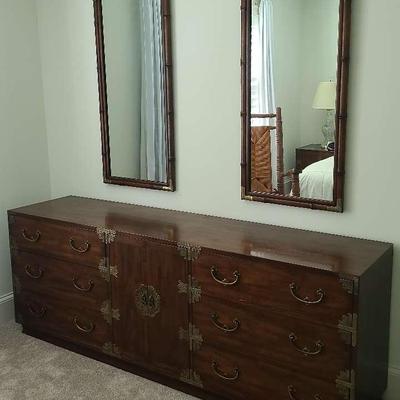 Elegant Wood Dresser with Brass Hardware and Pair of Mirrors