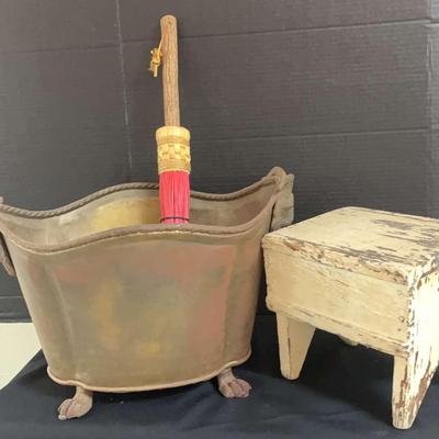 Vintage Charm Trio – Coal Bucket, Handmade Stool & Whisk Broom