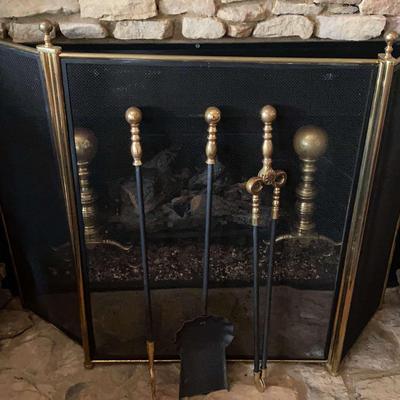 Six-Piece Brass Look Fireplace Set With Cannonball Andirons – Upstairs