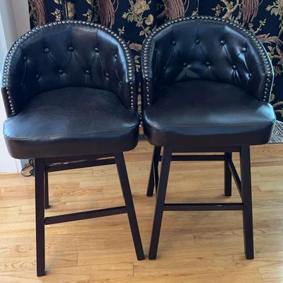 Pair Of Swivel Leather Bar Stools With Nailhead Trim