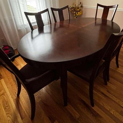 Elegant Dark Wood Dining Set with Leaf and Six Chairs