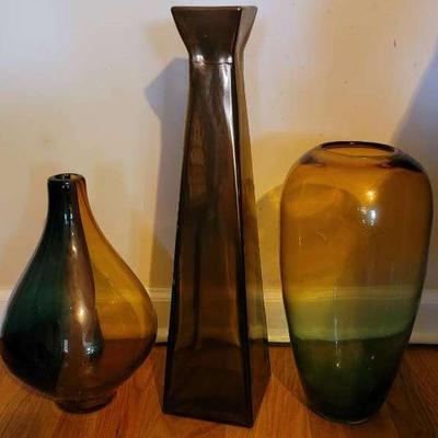 Striking Trio Of Large Blown Glass Vases In Jewel Tones