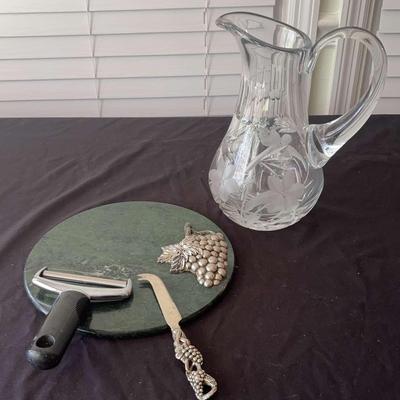 Elegant Entertaining Set With Marble Board And Etched Crystal Pitcher