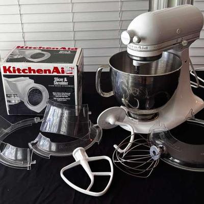 White KitchenAid Stand Mixer With Attachments And Accessories