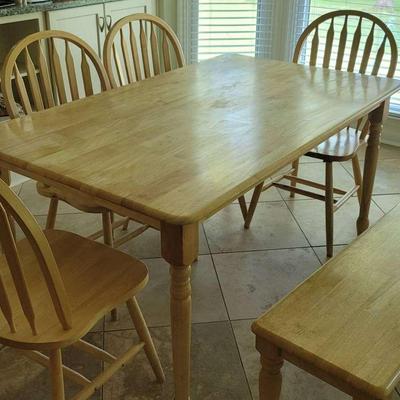 Light Oak Farmhouse Dining Set with Bench and Four Chairs