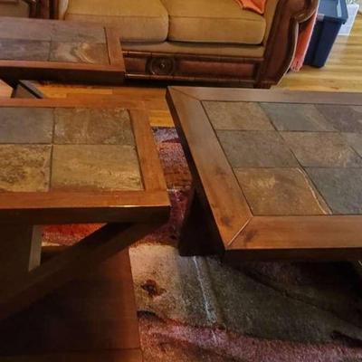 Rustic Slate & Wood Coffee Table With Two Matching End Tables