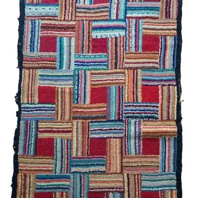 Sale Photo Thumbnail #110: Antique geometric basket weave hooked rug, needs border restoration, 61” x 37”